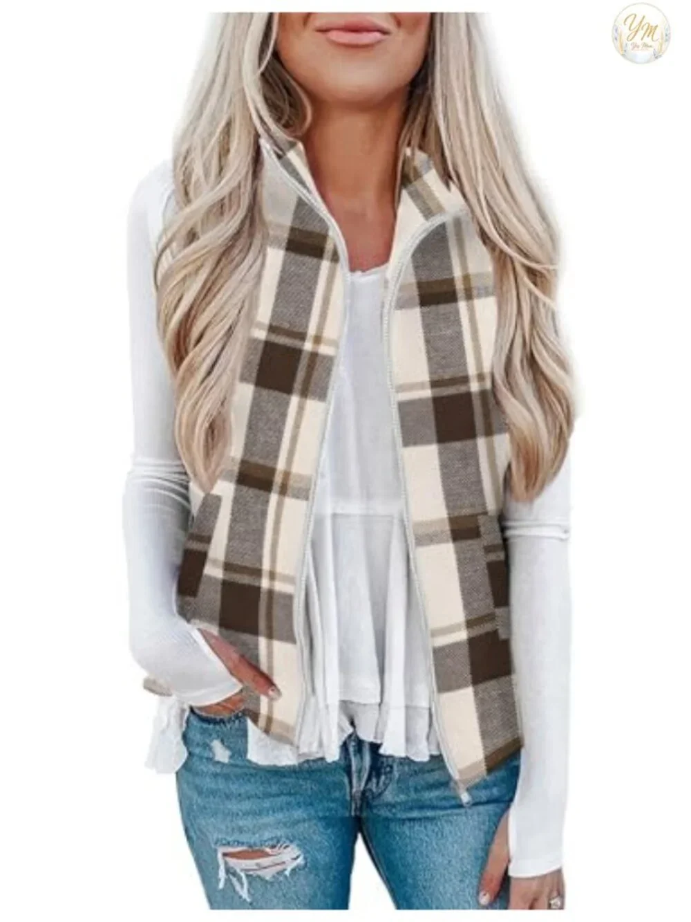 Women's Plaid Quilted Sleeveless Vest Zip Up Collared Outerwear with Pockets